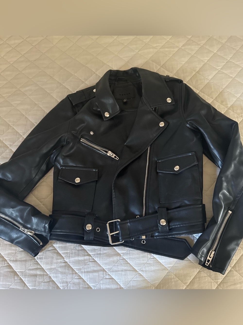 Blank NYC Black Faux Leather Moto Jacket with Belted Waist